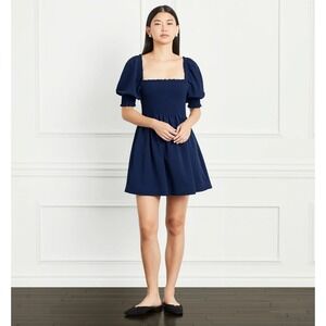 Hill House Home The Nap Dress Athena Mini Dress Navy Blue Smocked Puff Sleeve L